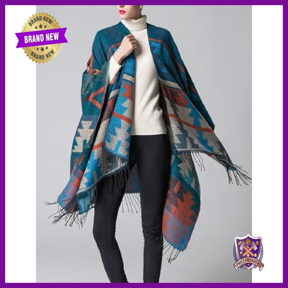 Oversized Shawl Poncho Sweater Cape with Tassels, 50% Polyester 50% Acrylic - Picture 3 of 6
